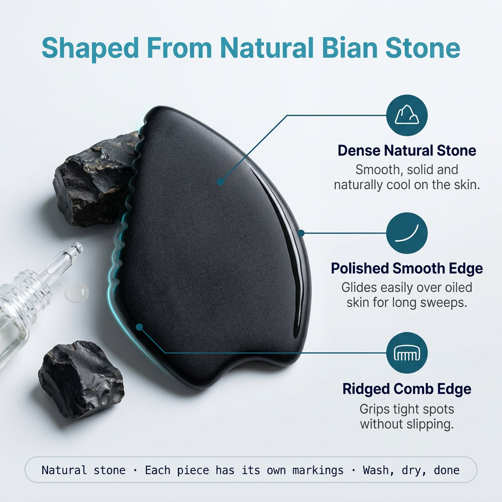 Gua sha made from natural Bian stone with a smooth edge and a ridged comb edge