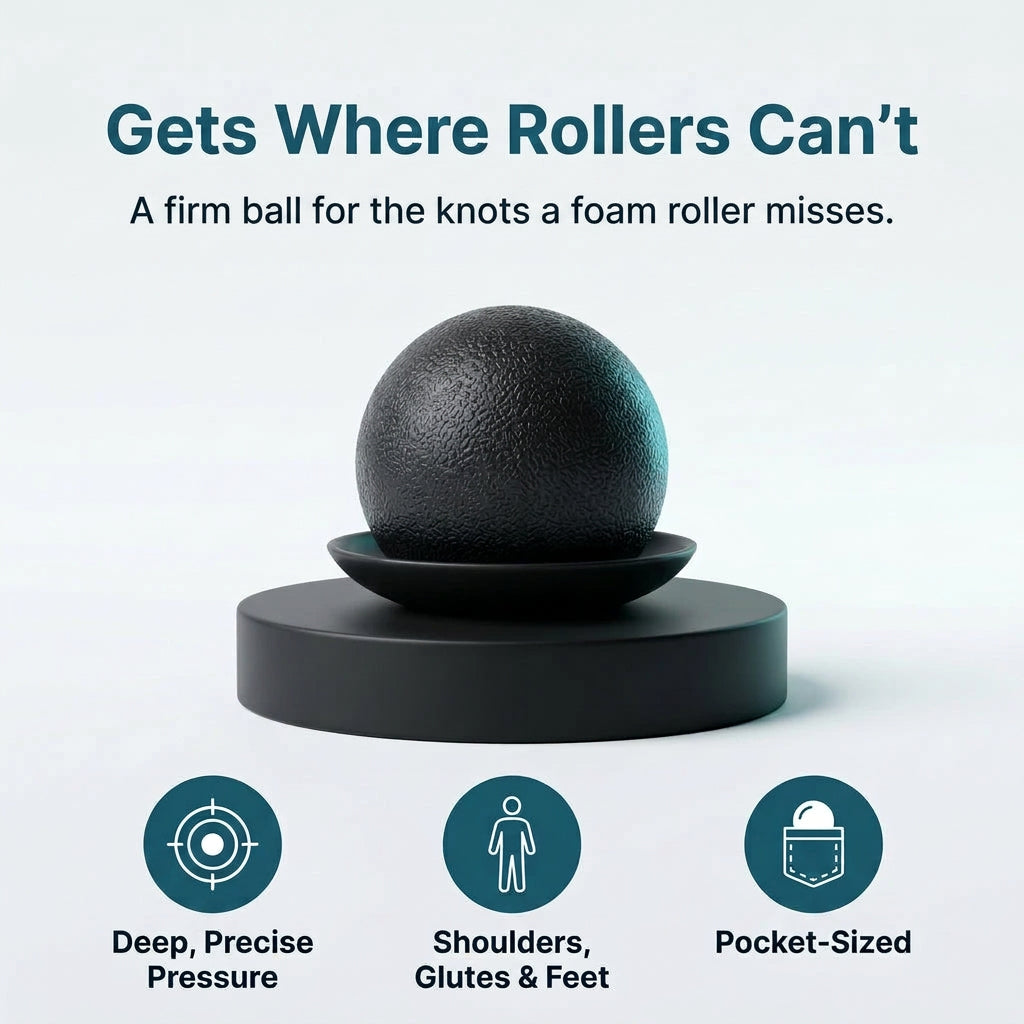 Massage ball on a plinth: deep precise pressure for shoulders, glutes and feet
