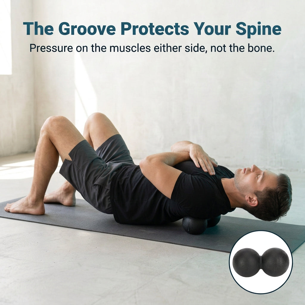 Peanut massage ball under the upper back, the groove protects your spine