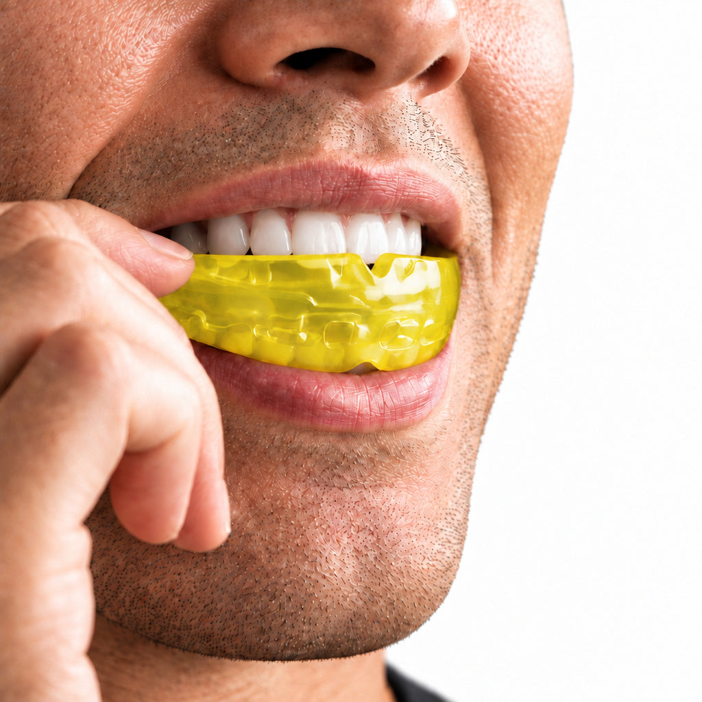 Man fitting the Reviv mouthguard over his teeth