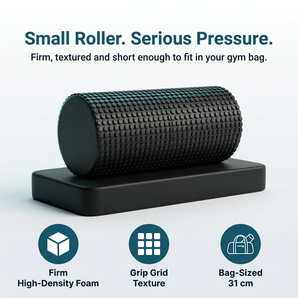Foam roller on a plinth: firm high-density foam, grip grid texture, bag-sized 31 cm