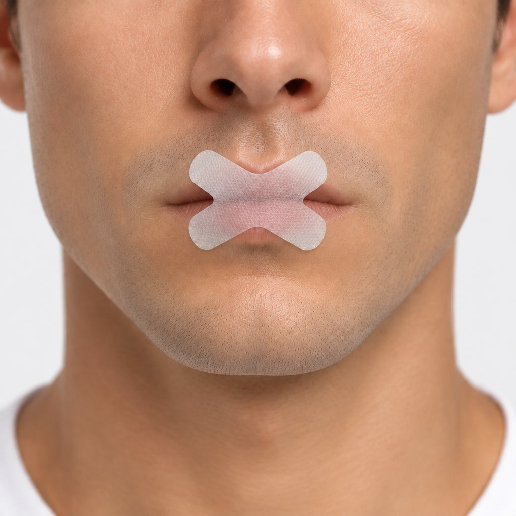 Man wearing X-shaped mouth tape across his closed lips