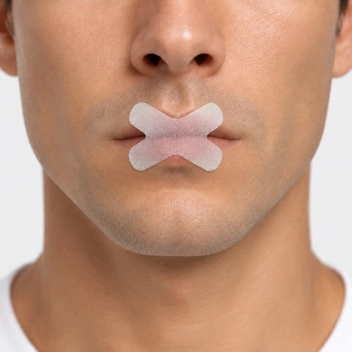 Man wearing X-shaped mouth tape across his closed lips