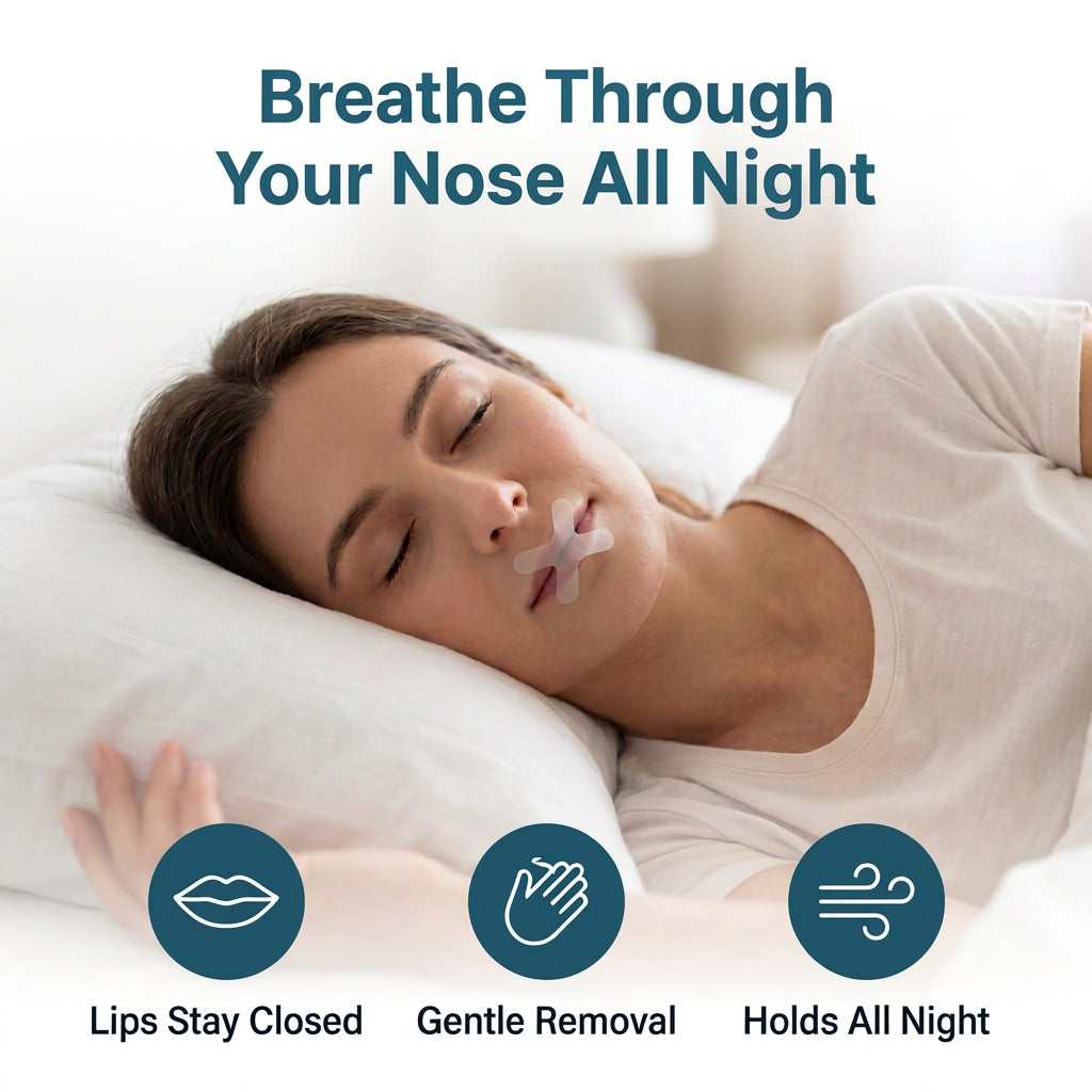 Woman asleep wearing mouth tape to breathe through her nose all night