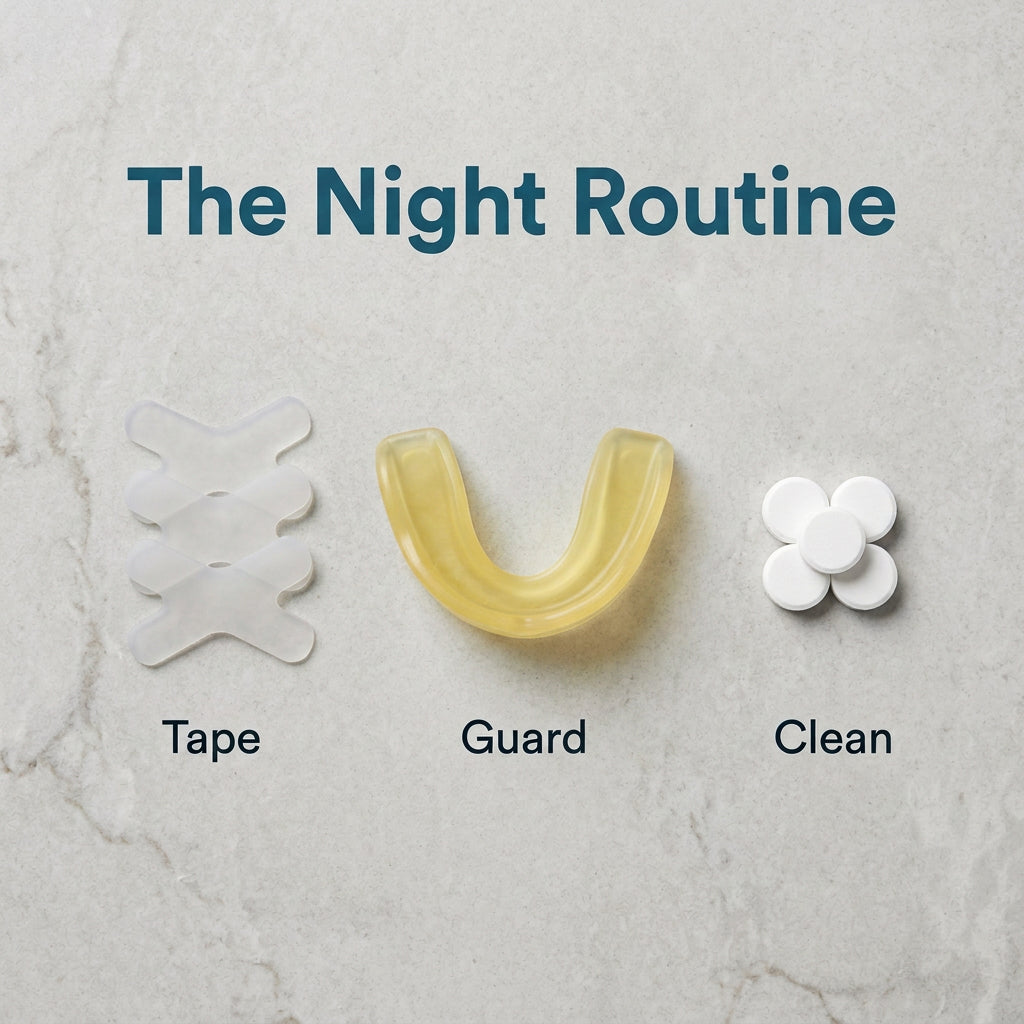 Night routine: mouth tape, mouthguard and cleaning tablets