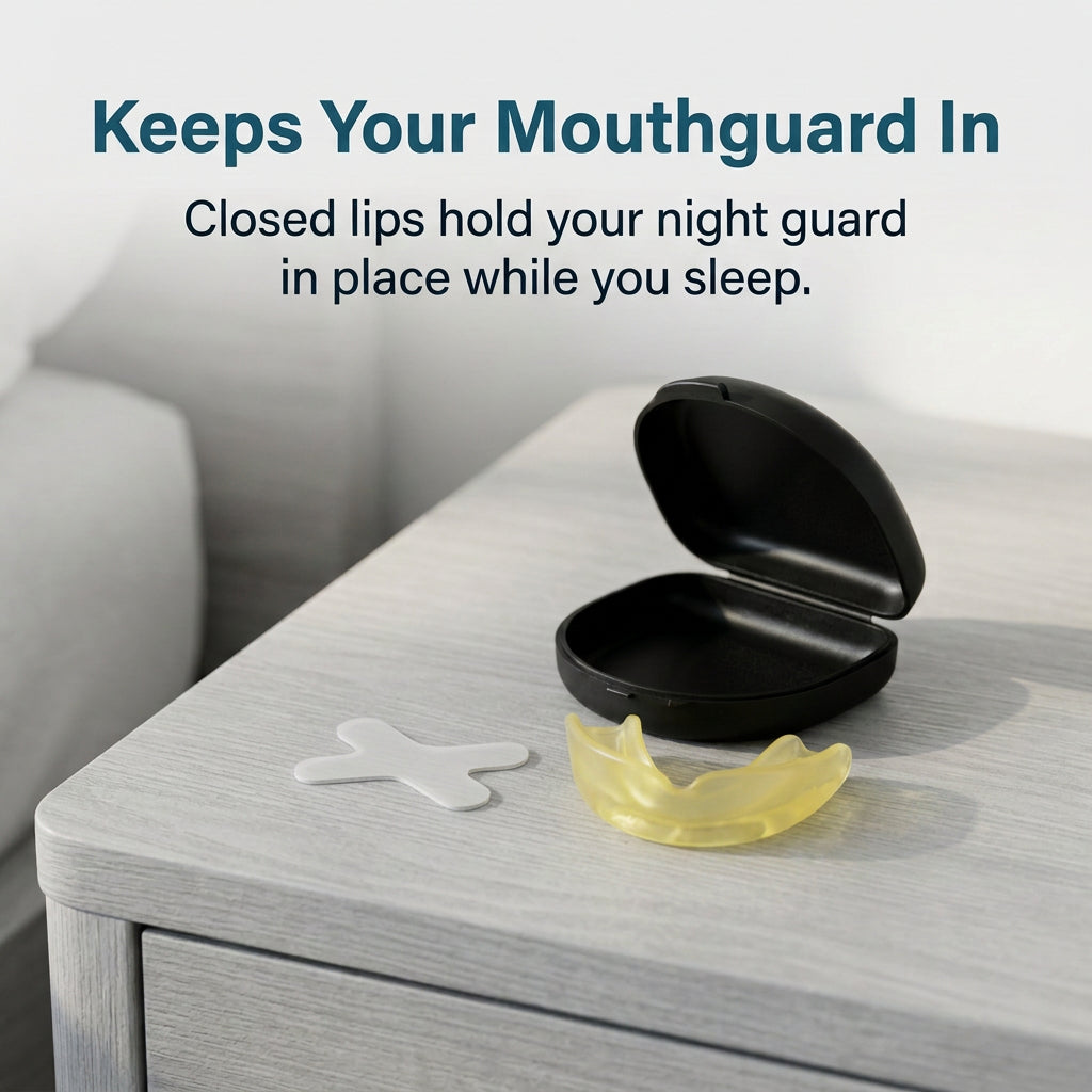 Mouth tape next to a mouthguard and case: closed lips keep your night guard in