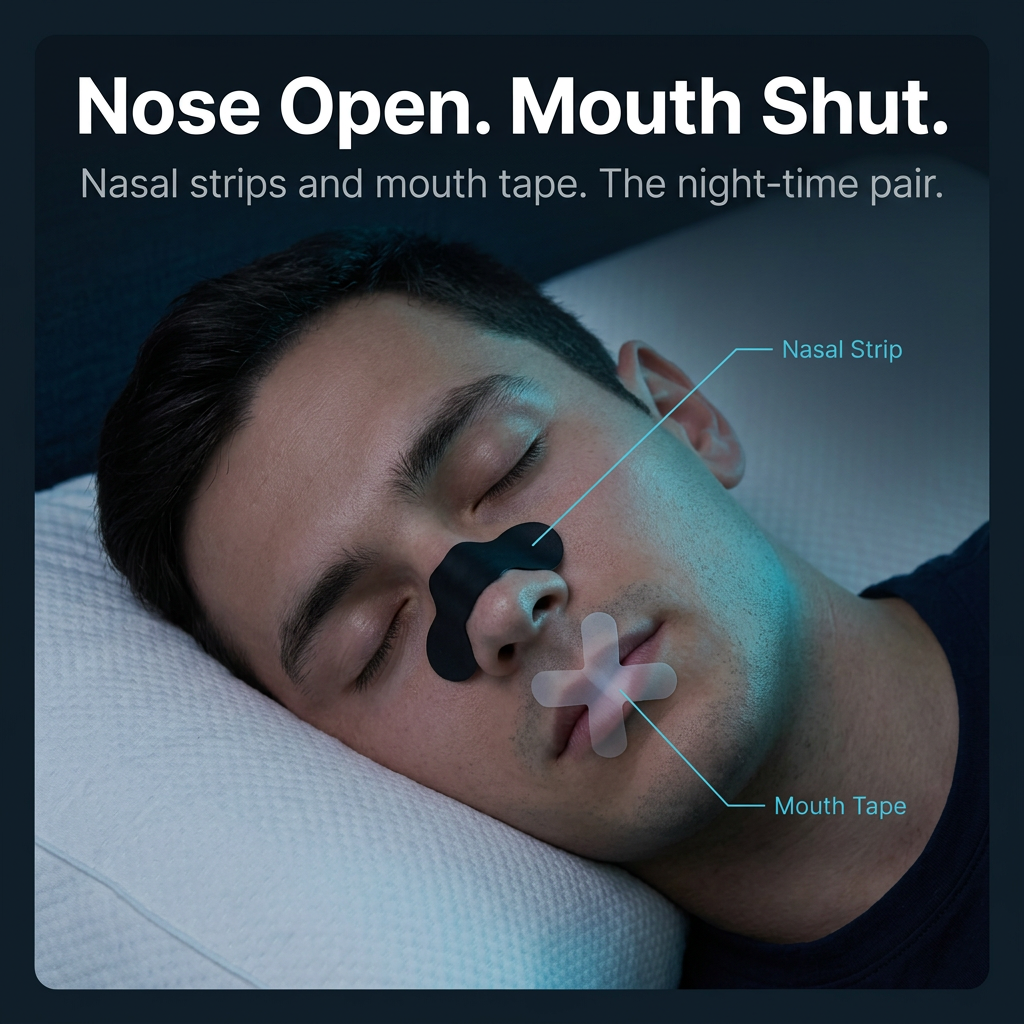 Man asleep wearing a nasal strip and mouth tape