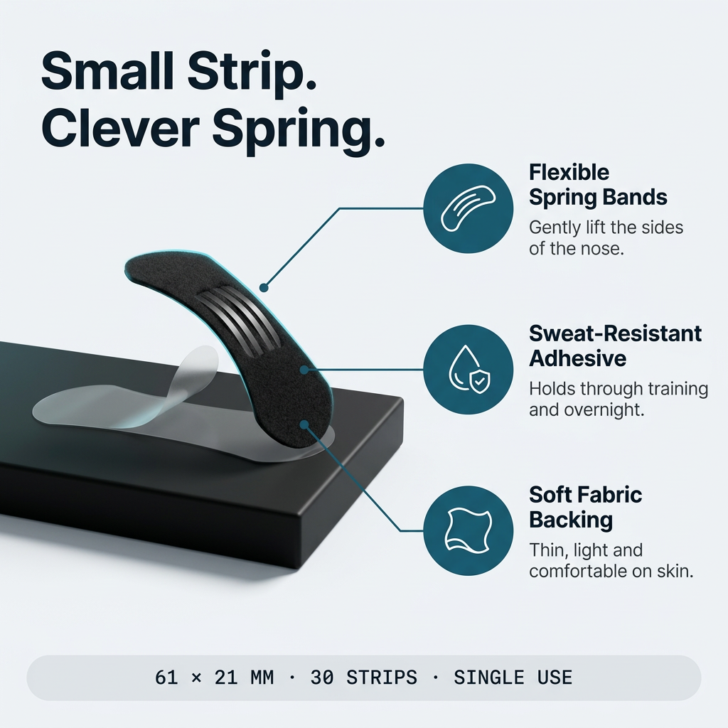 Nasal strip materials: flexible spring bands, sweat-resistant adhesive, soft fabric backing
