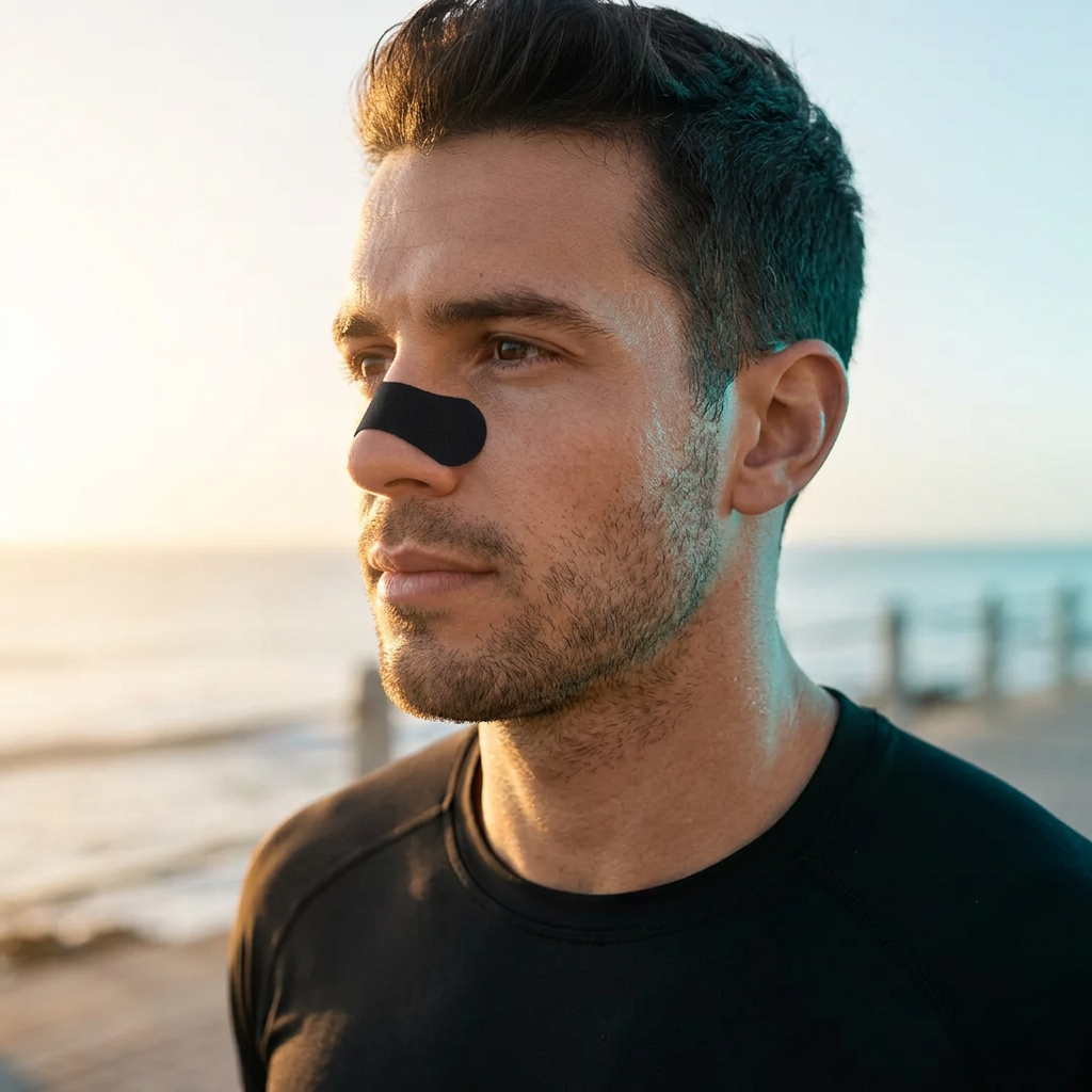 Runner wearing a nasal strip on a coastal path at sunrise