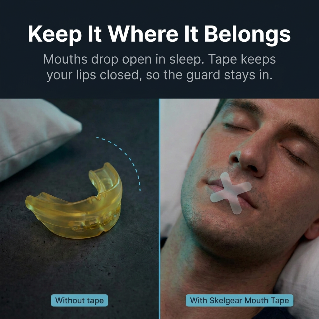 Mouthguard and mouth tape: tape keeps your lips closed so the guard stays in