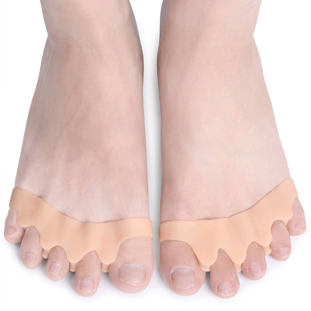 Pair of skin-tone toe separators worn on bare feet