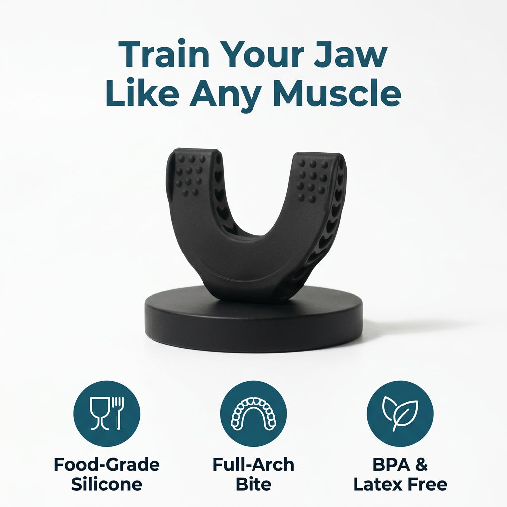 Jaw trainer on a plinth: food-grade silicone, full-arch bite, BPA and latex free