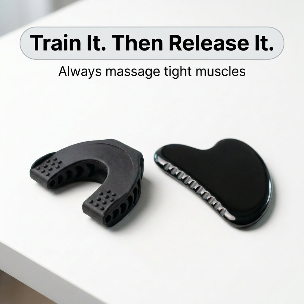 Gua sha next to a jaw trainer: train it, then release it
