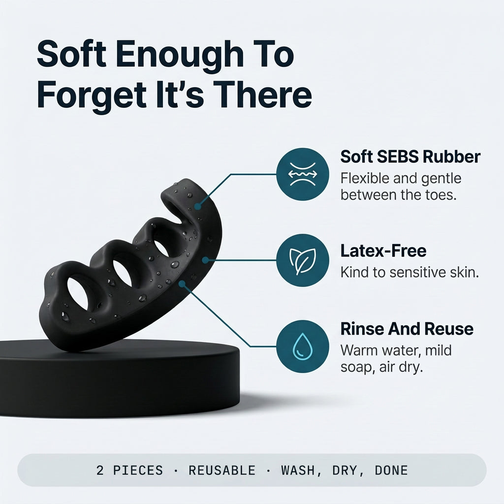 Toe separator materials: soft SEBS rubber, latex-free, rinse and reuse