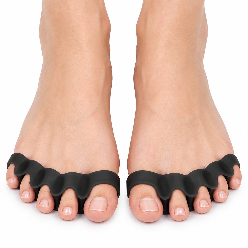 Pair of black toe separators worn on bare feet