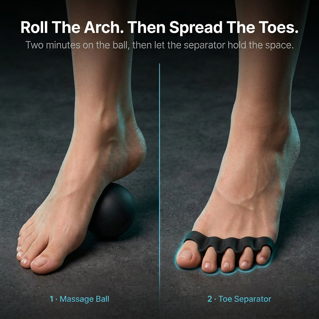 Massage ball under the arch of the foot, then a toe separator to spread the toes