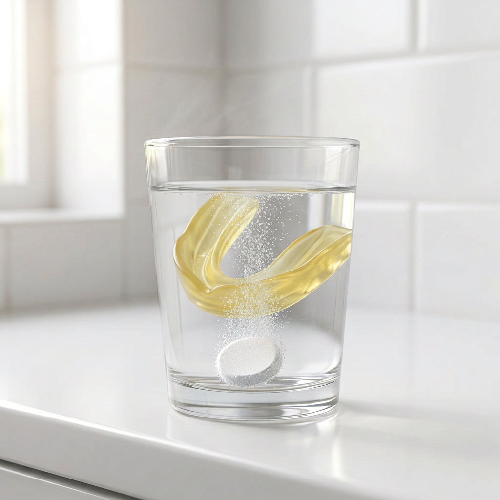 Mouthguard soaking in a glass of water with a fizzing cleaning tablet