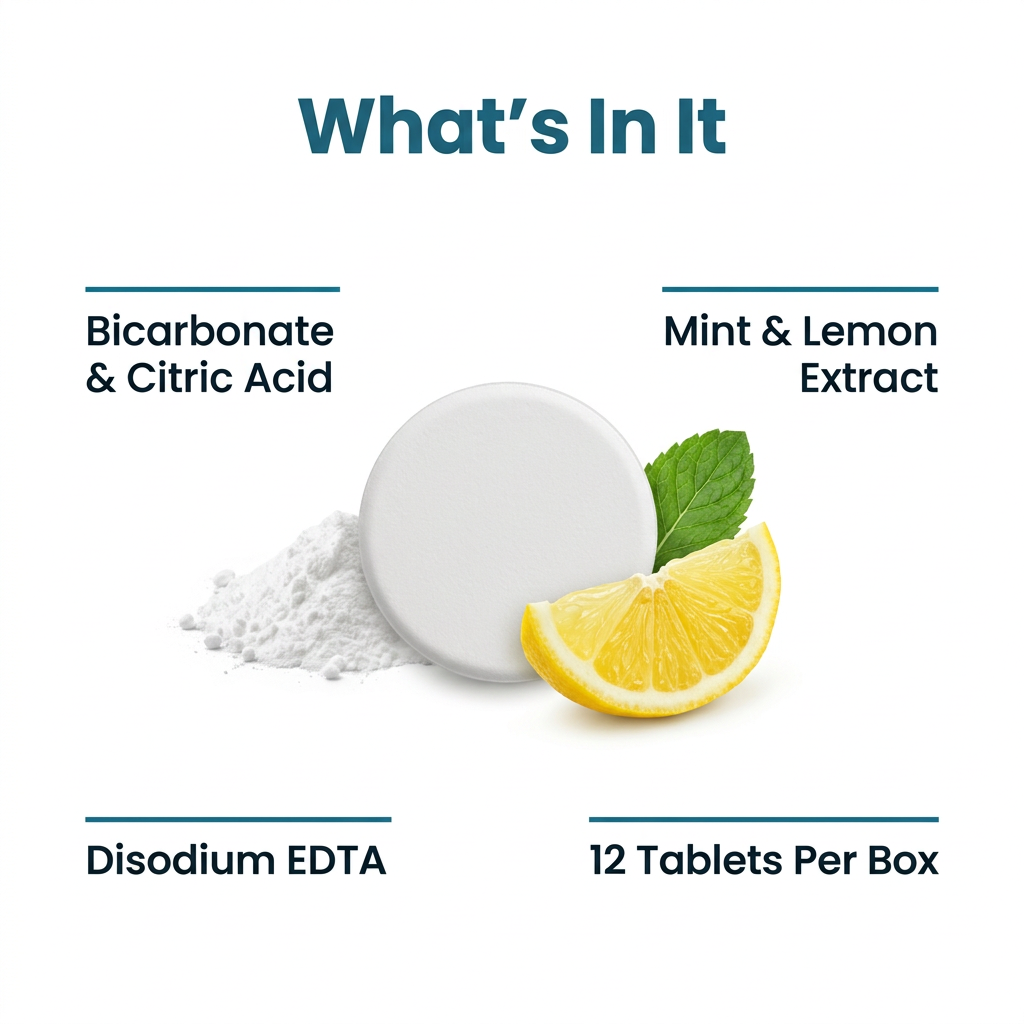 Cleaning tablet ingredients: bicarbonate, citric acid, mint and lemon extract