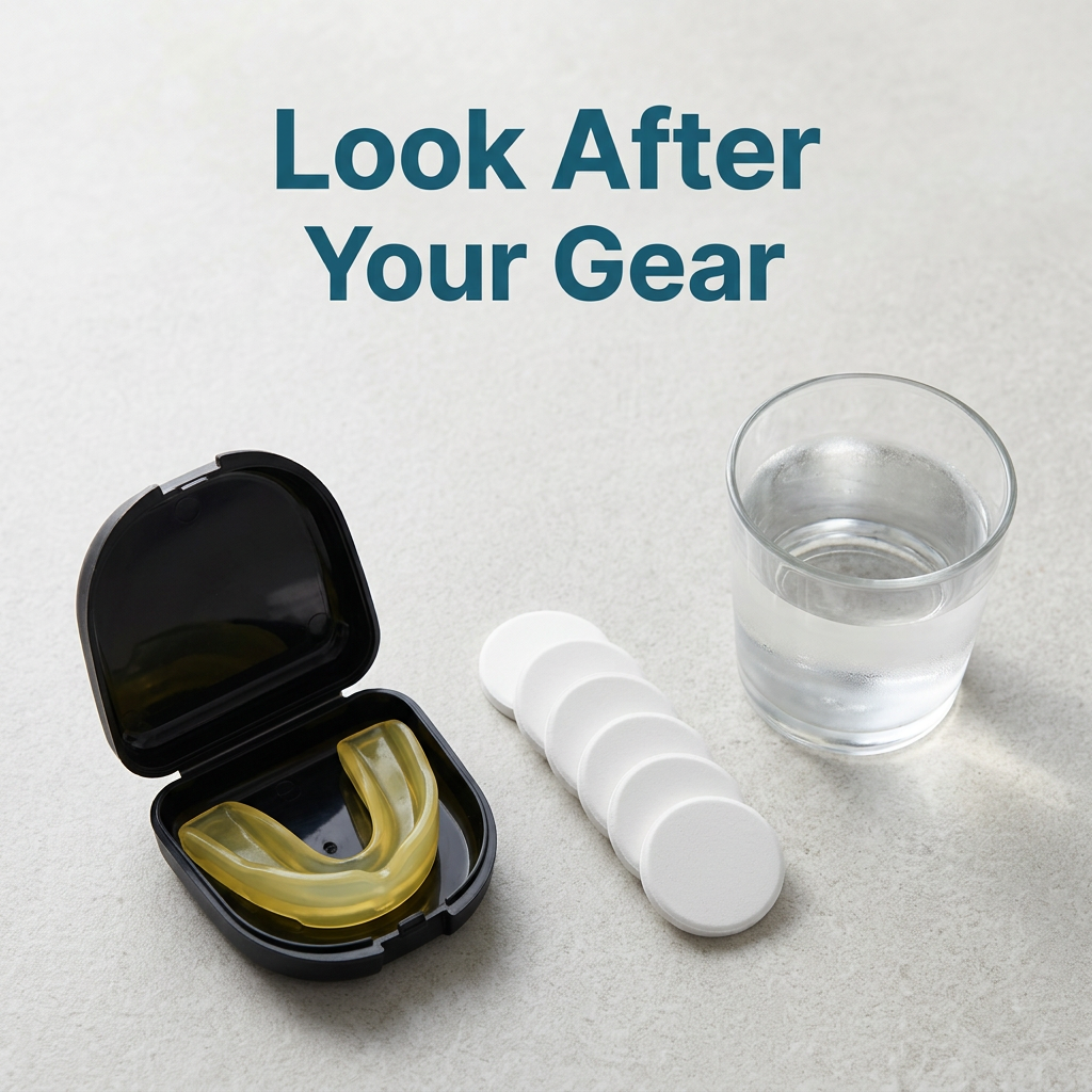 Mouthguard in its case next to cleaning tablets and a glass of water