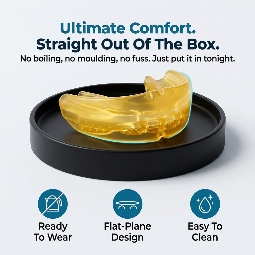 Reviv mouthguard on a plinth: ready to wear, flat-plane design, easy to clean