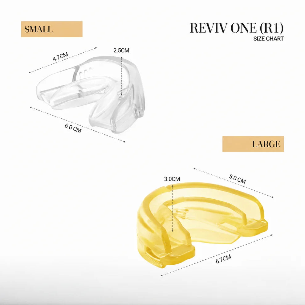 Reviv mouthguard sizes: Small 6.0 x 4.7 cm and Large 6.7 x 5.0 cm