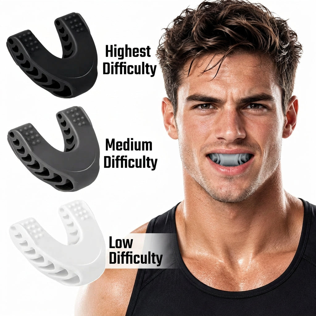 Jaw trainer resistance levels: black high, grey medium, white low